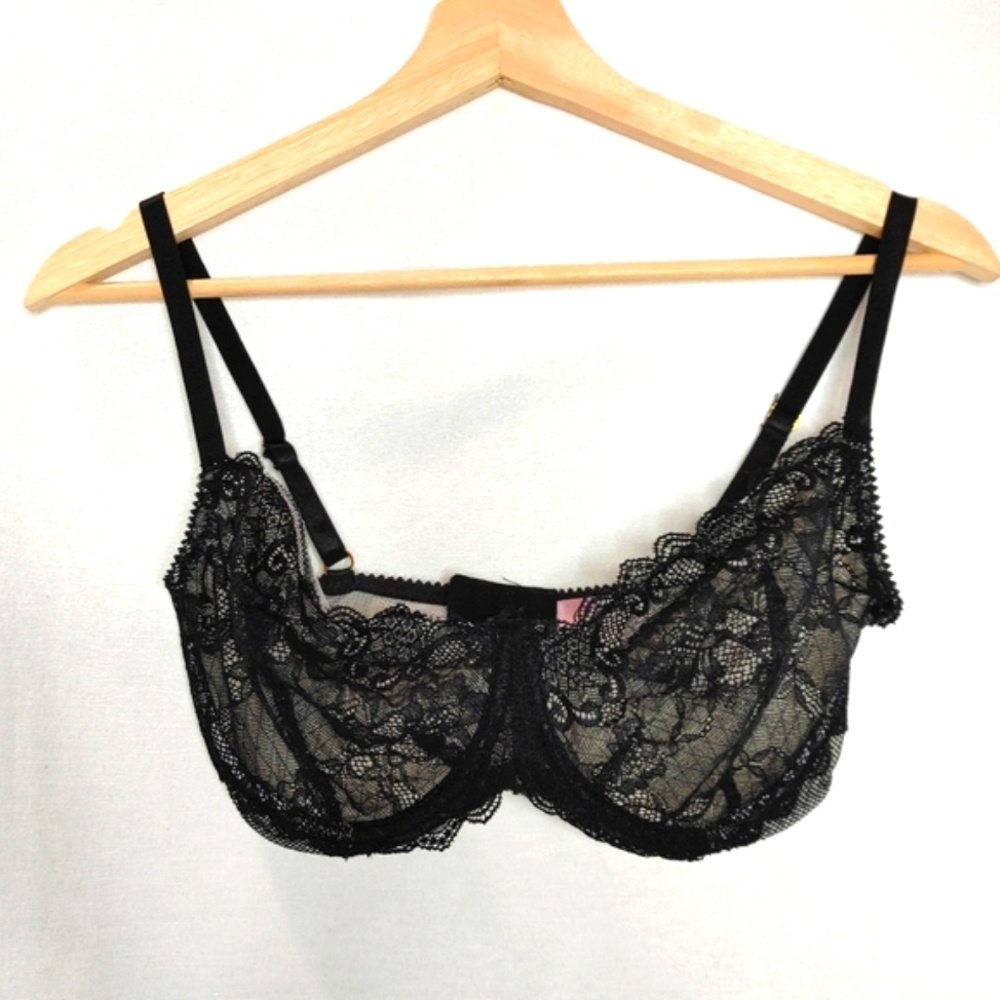 Bombshell Boudior Bra‎ Underwire Unlined Balconette Demi Black Sheer Lace 32F
